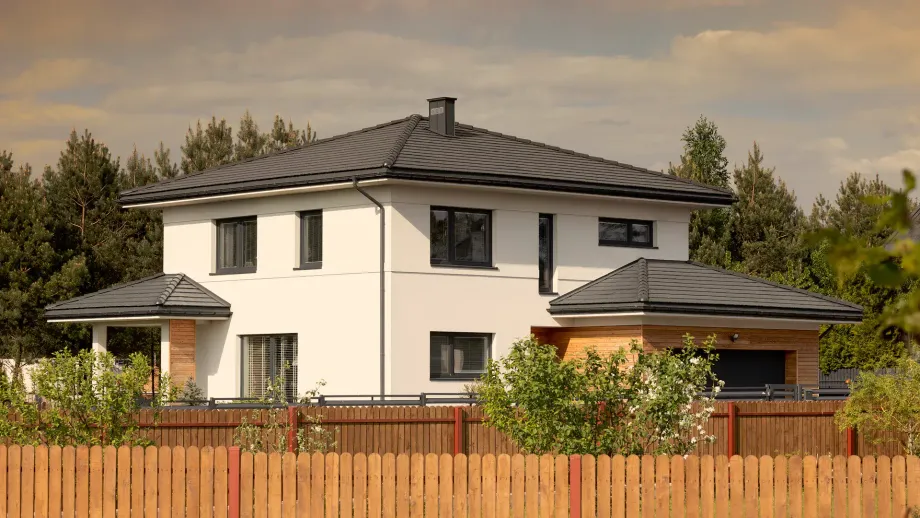 Dach kopertowy z dachówką Teviva w kolorze grafitowym